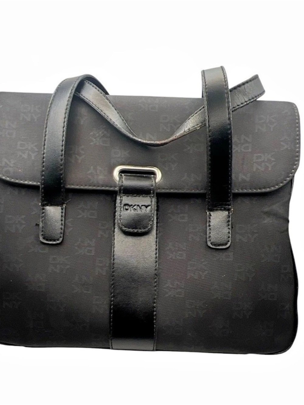 VTG DKNY Black Monogram Nylon Shoulder Bag Y2K Buckle Accent Hobo Purse